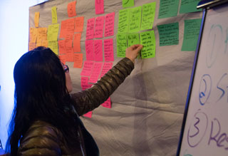 A participant in the Popup Think Tank for Strive Publishing adds an idea to the board.