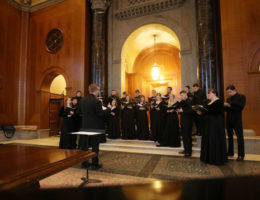 Baylor Chamber singers practice for a performance in Armstrong Browning’s Foyer of Meditation. (Courtesy Baylor University)