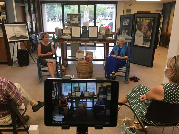 Chef Nathalie Dupree, seated right, tells stories and discusses her book, "Nathalie Dupree’s Favorite Stories and Recipes," with in-person and virtual audiences at an event at the Pat Conroy Literary Center. Photo courtesy of the Pat Conroy Literary Center.