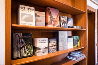 A few of Patagonia Books' environmentally-friendly print books, displayed at the Ventura, California office.